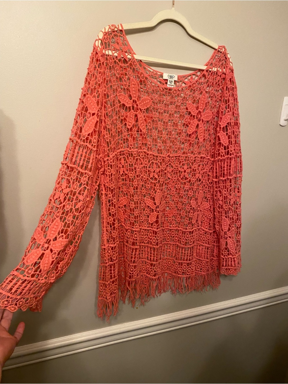 Cato Coral Crochet Fringe Openwork Sweater